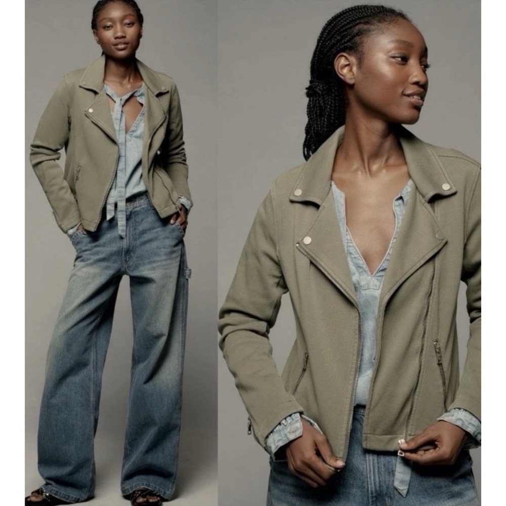 Anthropologie Saige Knit Olive Green Moto Jacket Size L Cotton Blend Biker Style